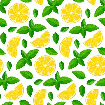 Mint Lemon Tea seamless pattern. Tea leaves, lemon slice, mint leaf. Flat vector illustration on white background for wallpaper, wrapping, packing, textile, scrapbooking. International Tea Day.