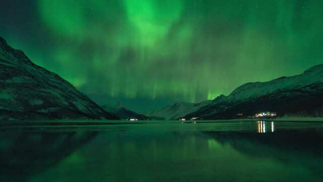 A very strong northern lights activity captured on a time lapse video over the Northern Scandinavia in Norway. High quality 4k footage