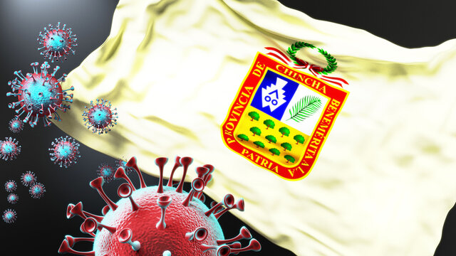 Chincha Alta and covid pandemic - virus attacking a city flag of Chincha Alta as a symbol of a fight and struggle with the virus pandemic in this city, 3d illustration