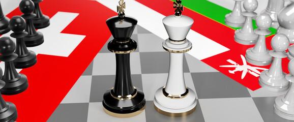 Switzerland and Oman - talks, debate, dialog or a confrontation between those two countries shown as two chess kings with flags that symbolize art of meetings and negotiations, 3d illustration