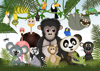 funny illustration of tropical animals