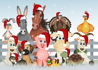 illustration of funny farm animals at Christmas