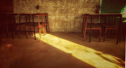 A room with a table and chairs, sunny. Old tone.