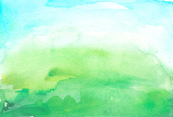Watercolor green background, blot, blob, splash of green paint. Watercolor field, meadow, spot, abstraction. Wild grass, bushes, country abstract landscape. Watercolor card, banner. splashing green 