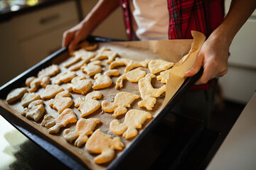 hands of unrecognizable teenager insert baking sheet of animal-shaped cookies into oven. Cooking at home. Hobbies, leisure activities