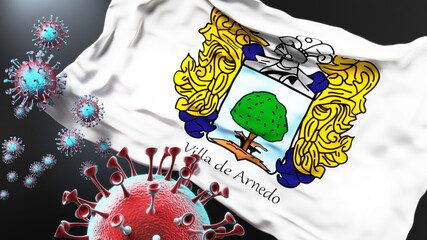 Chancay and covid pandemic - virus attacking a city flag of Chancay as a symbol of a fight and struggle with the virus pandemic in this city, 3d illustration