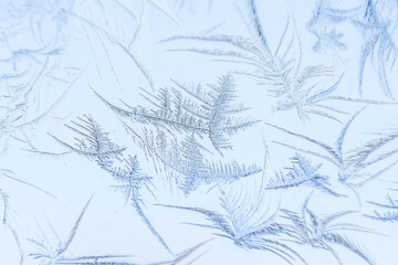 New Year and Christmas abstract icy snowy background with real ice crystals macro in cold blue tones