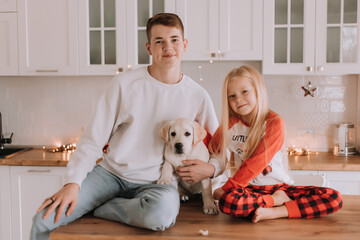 children with their beloved dog are sitting in the Christmas kitchen. family pastime. lifestyle. brother and sister, boy and girl play and fool around with a pet. space for text. High quality photo