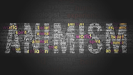 Animism - essential subjects and terms related to Animism arranged by importance in a 4-color high res word cloud poster. Reveal primary and peripheral concepts related to Animism, 3d illustration