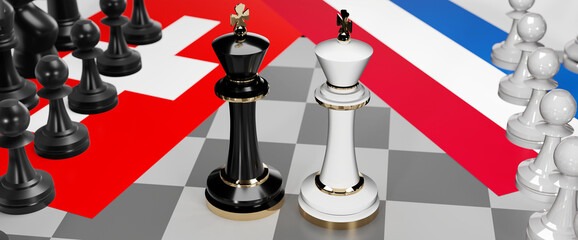 Switzerland and Netherlands - talks, debate, dialog or a confrontation between those two countries shown as two chess kings with flags that symbolize art of meetings and negotiations, 3d illustration