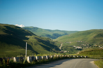 A road in the mountains. Elbrus - the highest mountain in Europe