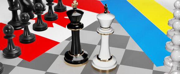 Canada and Ukraine - talks, debate, dialog or a confrontation between those two countries shown as two chess kings with flags that symbolize art of meetings and negotiations, 3d illustration
