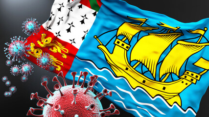 Saint Pierre and Miquelon and the covid pandemic - corona virus attacking its national flag to symbolize fight with the virus in this country, 3d illustration