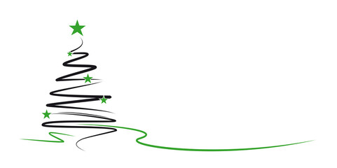 weihnachtskarte mit modernem tannenbaum mit schwarzer linie und grünen sternen