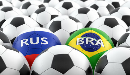 Fototapeta premium Brazil vs. Russia Soccer Match - Leather balls in Brazil and Russia national colors. 3D Rendering 