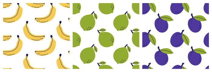 Banana, lime and plum. Fruit seamless pattern bundle. Color illustration collection in hand-drawn style. Vector repeat background set