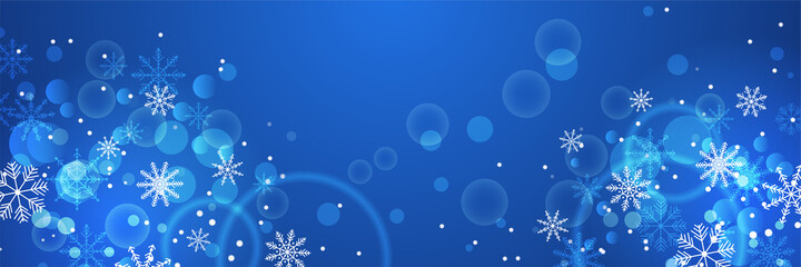 Fototapeta na wymiar Blue Christmas banner with snowflakes. Merry Christmas and Happy New Year greeting banner. Horizontal new year background, headers, posters, cards, website. Vector illustration