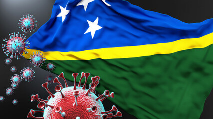 Solomon Islands and the covid pandemic - corona virus attacking national flag of Solomon Islands to symbolize the fight, struggle and the virus presence in this country, 3d illustration