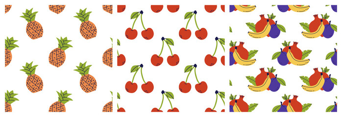Fruit seamless pattern bundle. Pineapple, cherry and pomegranate. Banana, garnet and plum. Color vector background set