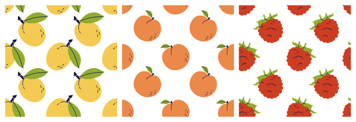 Plum, peach and raspberry. Fruit seamless pattern bundle. Color illustration collection in hand-drawn style. Vector repeat background set