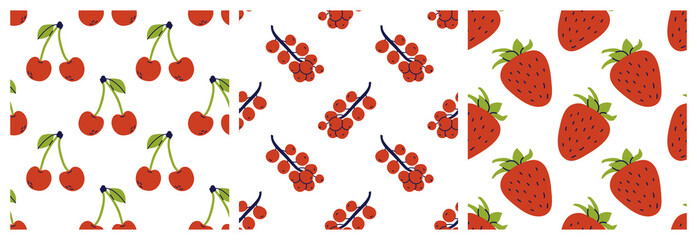 Strawberry, cherry and currant. Berries seamless pattern bundle. Color illustration collection in hand-drawn style. Vector repeat background set
