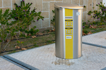 Plastic recycling trash can on the streets of Castelo Branco Portugal