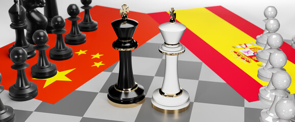 China and Spain - talks, debate, dialog or a confrontation between those two countries shown as two chess kings with flags that symbolize art of meetings and negotiations, 3d illustration