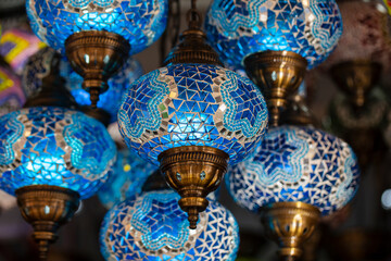 Colorful turkish mosaic glass lamps for sale at the street market in Turkey - obrazy, fototapety, plakaty