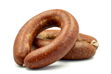 Turkish sausage on a white background. Sausage made from beef. Kangal sausage. Horizontal view. close up