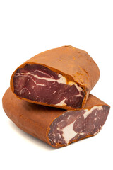 Turkish pastrami on a white background. Bacon made from veal. Turkish bacon, pastrami (Kayseri pastirma). Vertical view. close up