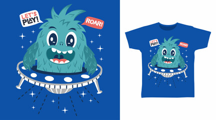 Cute monster with ufo cartoon tshirt designs © Clushy