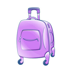 Purple travel suitcase with wheels on white background vector illustration