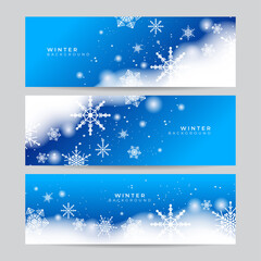 Naklejka na ściany i meble Set of Blue Christmas banner with snowflakes. Merry Christmas and Happy New Year greeting banner. Horizontal new year background, headers, posters, cards, website. Vector illustration