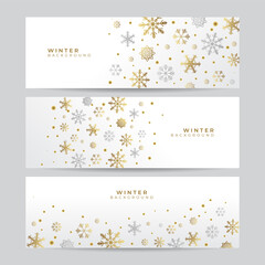 Set of white gold Christmas banner with snowflakes. Merry Christmas and Happy New Year greeting banner. Horizontal new year background, headers, posters, cards, website. Vector illustration