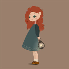 Redheag girl in blue dress with lantern, cute little girl