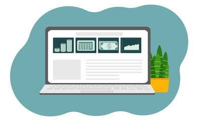 Concept for online business, investment. Laptop with a website, around the money icon, charts, calculator, dollar symbol