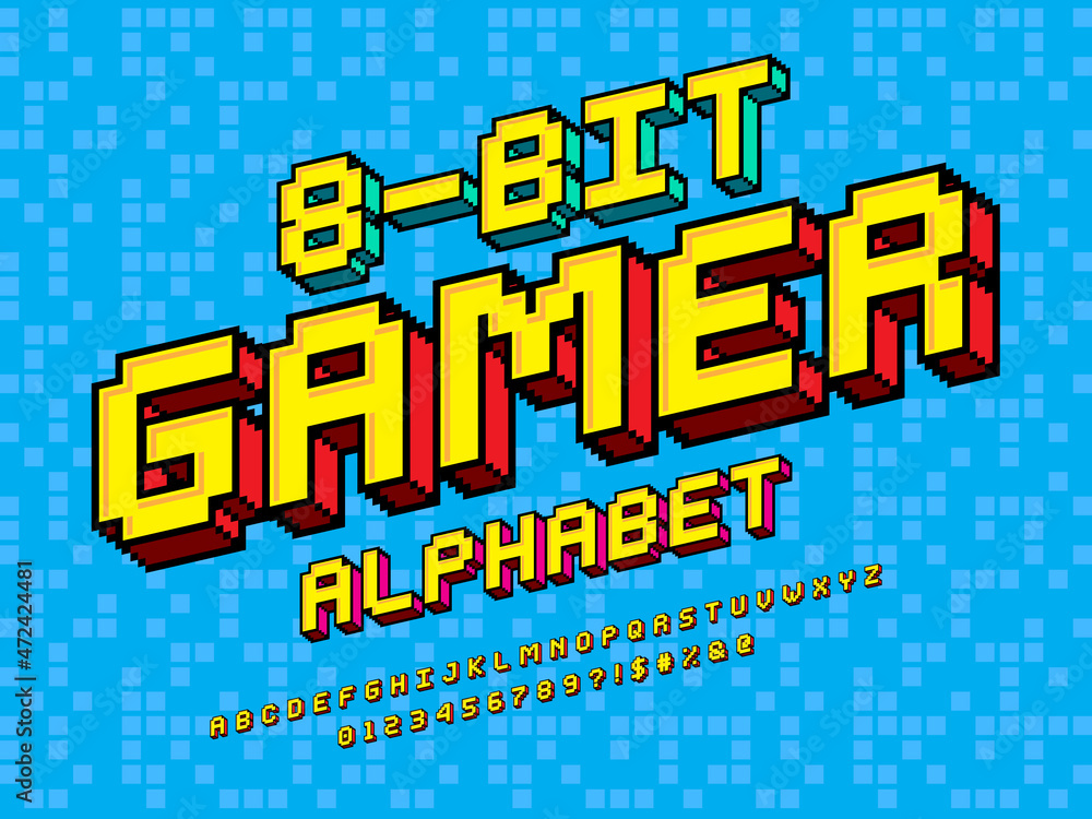 Aufkleber pixel style font with uppercase, numbers and symbol