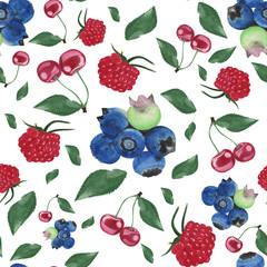 Fototapeta na wymiar Watercolor seamless berry pattern. Beautiful hand drawn texture and wallpaper. Rich background of berries on white for web pages, shop, Instagram, blog, prints etc. Watercolor raster illustration.