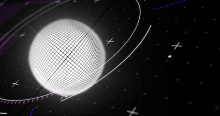 Obraz premium Image of white rotating globe and circular scanner processing data on black background