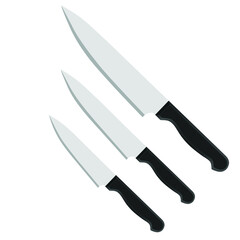 set of three kitchen knives isolated on white background, Vector illustration, chef knife, Cutlery icon set