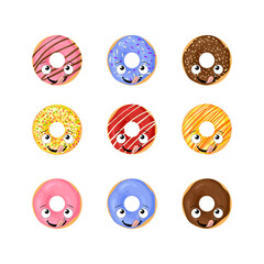 set of donuts with funny faces isolated on white background, donuts lick icing.