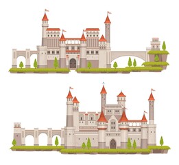 Cartoon medieval fairytale stone castle with towers, gates and flags. Isolated vector buildings of fantasy kingdom fortress, king palace or mansion, knight fort or citadel castle