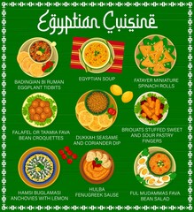 Egyptian cuisine food menu page. Eggplant tidbits, Hamsi Buglamasi and Briouats stuffed fingers, Hulba Fenugreek, Ful Mudammas salad and Taamia Fava, dukkah seasame, Egyptian soup and Fatayer rolls