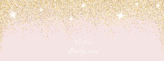 Sparkling falling gold dust on white background. Vector horizontal background with glitter and space for text	