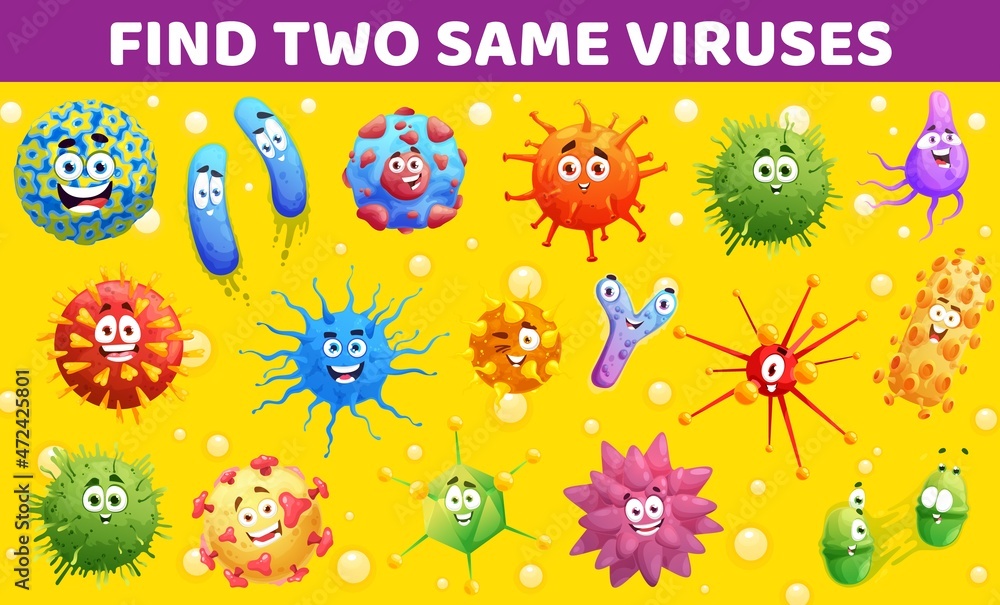 Poster find two same viruses kids education game with cartoon viruses, microbes and bacteria funny vector c