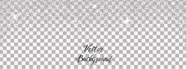 Sparkling falling silver dust on transparent background. Vector horizontal background with glitter and space for text