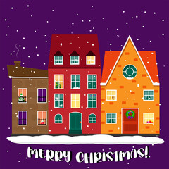 Merry Christmas illustration, christmas city in snow, winter town, houses with decoration, happy new year mood