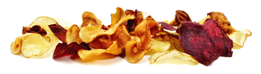 Mixed Vegetable Chips on white Background - Panorama Isolated