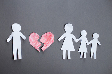 Paper chain cut family with broken heart on gray background. Divorce and broken family concept