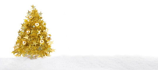 Golden Christmas Tree on Snow isolated on white Background
